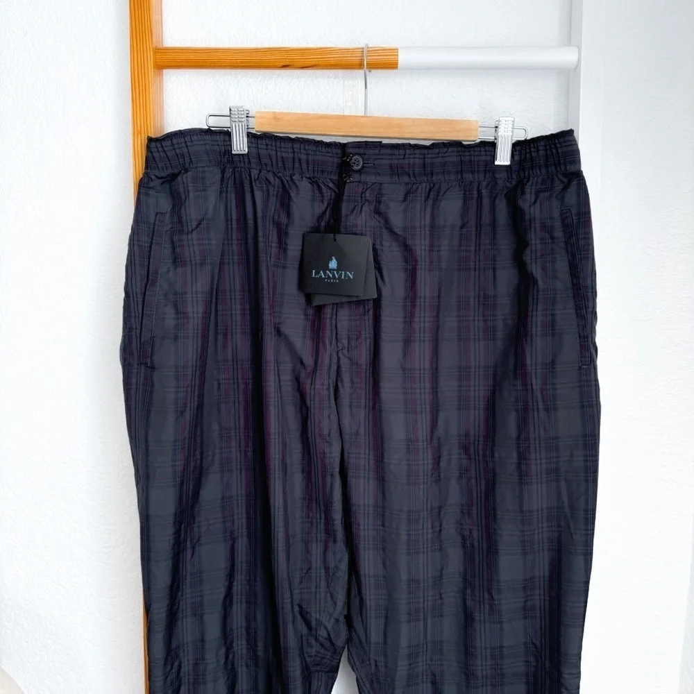 Lanvin Men’s Plaid Check Pants Lounge Elastic Waist Pockets Gray Navy Trousers